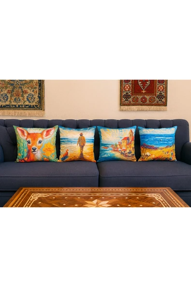 Kırlent kılıfı 3D Dijital Baskılı 4 Lü Takım Geyik Temalı Yastık Kılıfı - Resim 4