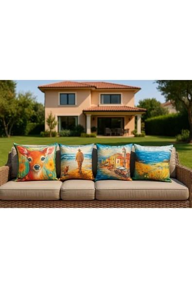 Kırlent kılıfı 3D Dijital Baskılı 4 Lü Takım Geyik Temalı Yastık Kılıfı - Resim 2