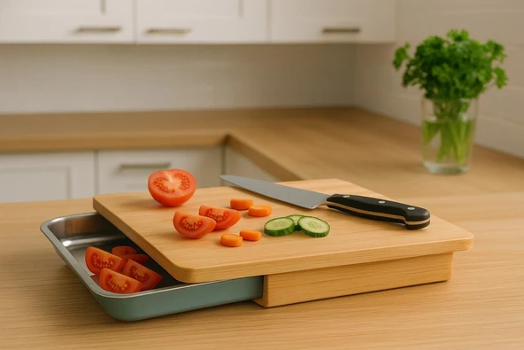 Brillant Metal Hazneli Bambu Kesme Tahtası – Çekmeceli Doğrama Tahtası BR-6598 - Resim 2