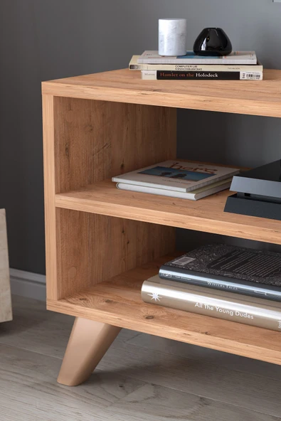 TV Sehpası Kapaklı Tv Sehpası Raflı TV Ünitesi Televizyon Sehpası 100 x 35 Cm Malta Çam - Resim 4