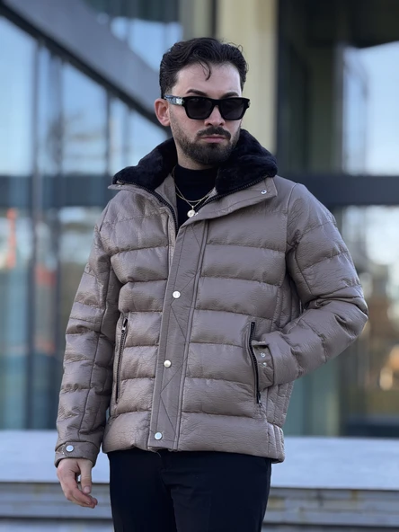 YAKASI KÜRKLÜ DERİ ERKEK MONT - Resim 7