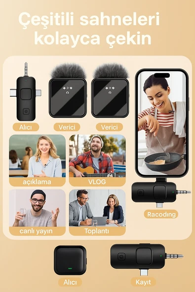 Kablosuz Çift Yaka Mikrofonu 360 Kayıt, Akıllı Gürültü Azaltma, Lightning  TypC 3.5mm Uyumlu - Resim 6