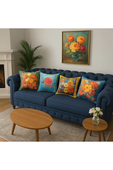 Kırlent kılıfı 3D Dijital Baskılı 4 Lü Takım Çiçek Cümbüşü Temalı Yastık Kılıfı - Resim 2