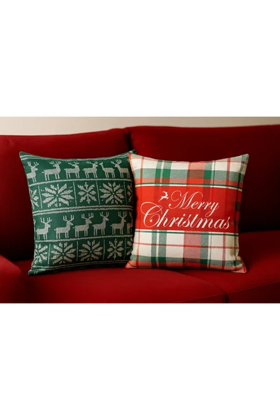 Çift Tarafı Baskılı Candy Christmas Desenli 2'li Set Kadife Kırlent Kılıfı Yılbaşı - Noel - Resim 3