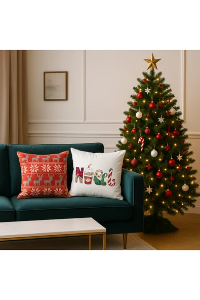 Çift Tarafı Baskılı Candy Christmas Desenli 2'li Set Kadife Kırlent Kılıfı Yılbaşı - Noel - Resim 2