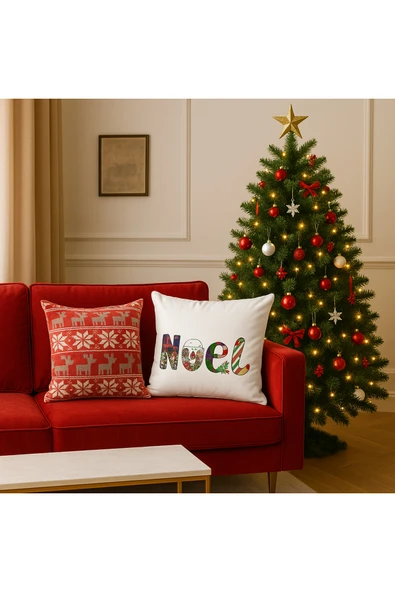 Çift Tarafı Baskılı Candy Christmas Desenli 2'li Set Kadife Kırlent Kılıfı Yılbaşı - Noel - Resim 3