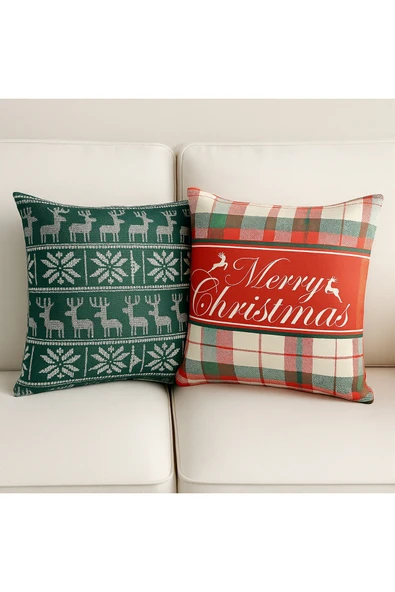 Çift Tarafı Baskılı Candy Christmas Desenli 2'li Set Kadife Kırlent Kılıfı Yılbaşı - Noel - Resim 2