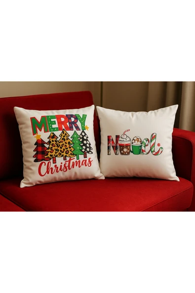 Çift Tarafı Baskılı Candy Christmas Desenli 2'li Set Kadife Kırlent Kılıfı Yılbaşı - Noel - Resim 3