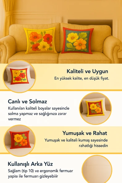 Kırlent kılıfı 3D Dijital Baskılı 2'Lİ Takım Doğa Ve Çiçek Temalı Yastık Kılıfı - Resim 4