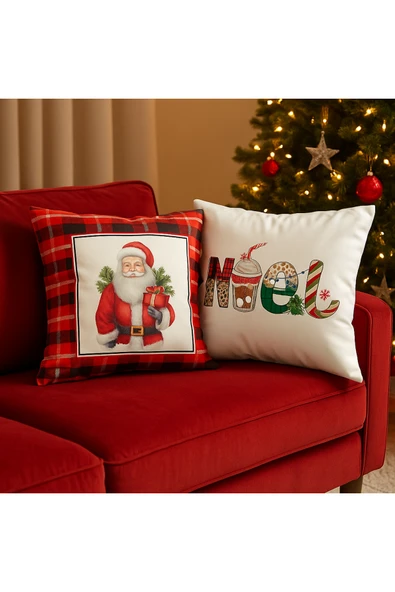 Çift Tarafı Baskılı Candy Christmas Desenli 2'li Set Kadife Kırlent Kılıfı Yılbaşı - Noel - Resim 3