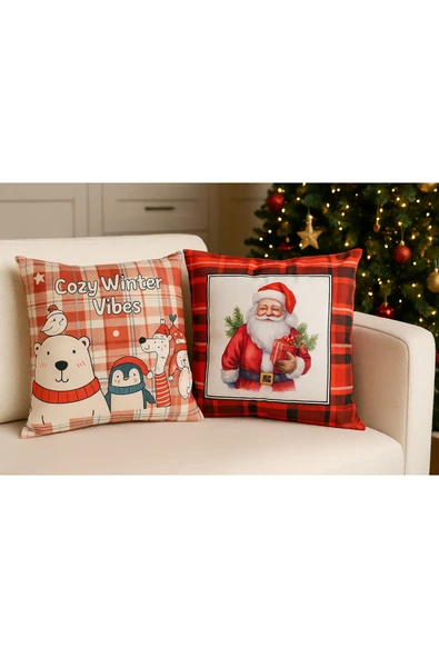 Çift Tarafı Baskılı Candy Christmas Desenli 2'li Set Kadife Kırlent Kılıfı Yılbaşı - Noel ürün görseli