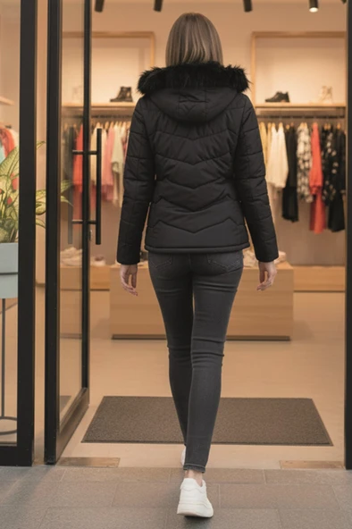 Günlük Kürklü Kadın Şişme Kadın Mont - Resim 2