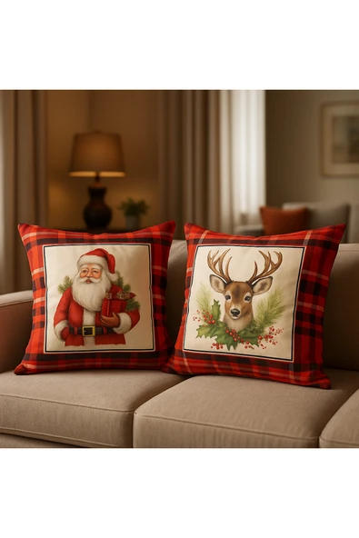 Çift Tarafı Baskılı Candy Christmas Desenli 2'li Set Kadife Kırlent Kılıfı Yılbaşı - Noel - Resim 3