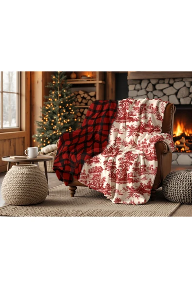 Winterfell Yün Kadife Ekose Çift Taraflı Tv Battaniyesi Red Forrest 140x190 ürün görseli