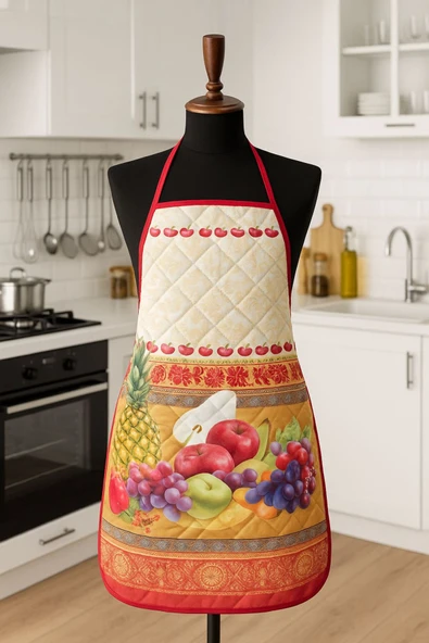 Kapitoneli Sıvı Geçirmez Leke Tutmaz Mutfak Önlüğü Dijital Baskılı Önlük Meyve Şöleni - Resim 3