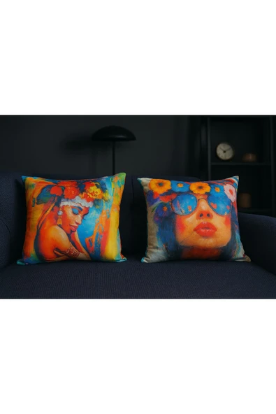 Kırlent Kılıfı 3D Dijital Baskılı Etnik Kadın Temalı Yastık Kılıfı - Resim 2