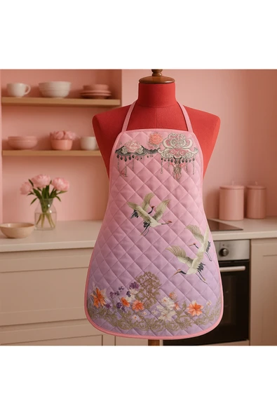 Kapitoneli Sıvı Geçirmez Leke Tutmaz Mutfak Önlüğü Dijital Baskılı Önlük Pembe Rüya - Resim 2