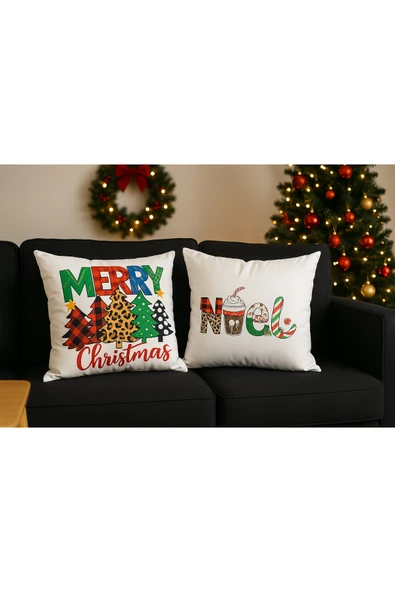 Çift Tarafı Baskılı Candy Christmas Desenli 2'li Set Kadife Kırlent Kılıfı Yılbaşı - Noel - Resim 2