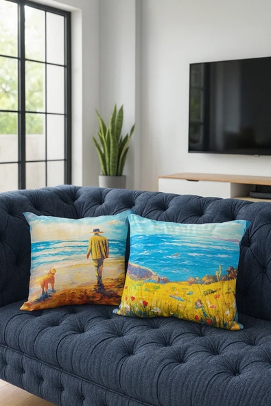 Punch Nakış Desen Dijital Baskılı Deniz temalı 2'li kırlent kılıfı yastık kılıfı - Resim 3