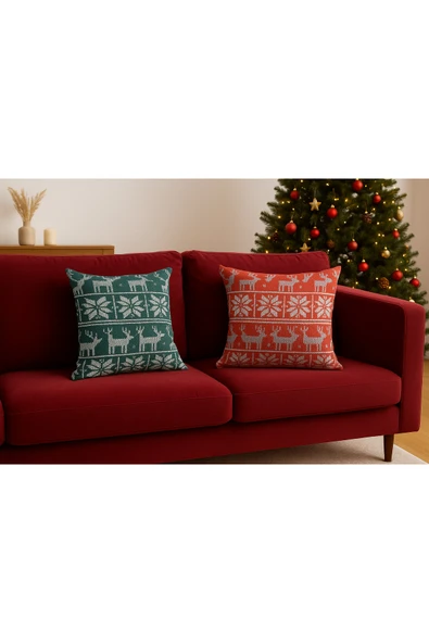 Çift Tarafı Baskılı Candy Christmas Desenli 2'li Set Kadife Kırlent Kılıfı Yılbaşı - Noel - Resim 2