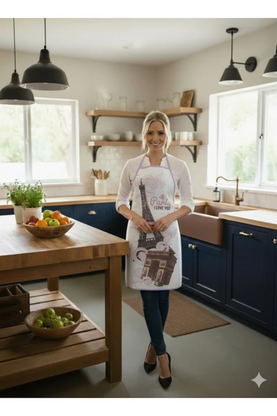 Dijital Baskılı Su Sıvı Geçirmez Leke Tutmaz Mutfak Önlüğü Eyfel Temalı - Resim 2