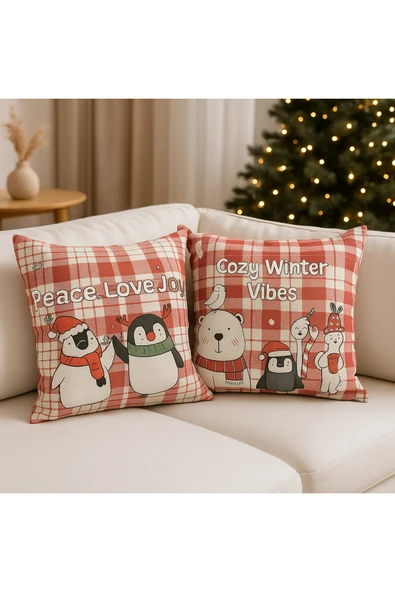 yılbaşı Temalı 2'i Kadife Kırlent Kılıfı 43x43 cm Nakış Görünümlü Set Dijital Baskılı - Resim 3