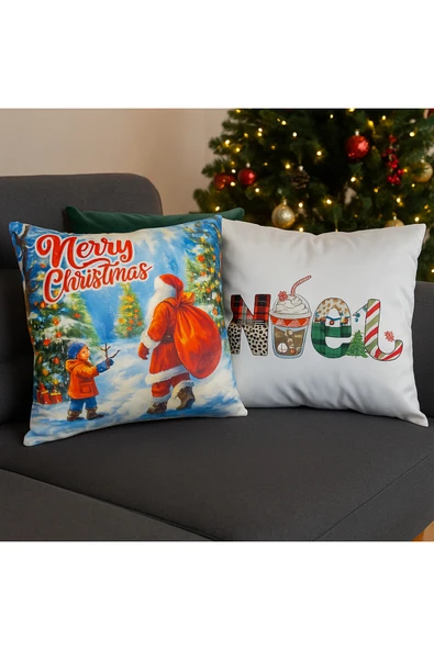 Çift Tarafı Baskılı Candy Christmas Desenli 2'li Set Kadife Kırlent Kılıfı Yılbaşı - Noel - Resim 3