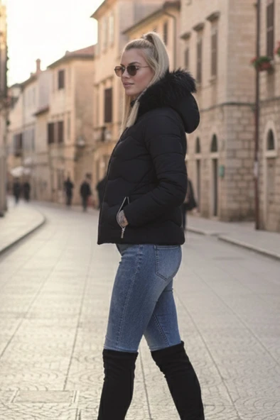 Günlük Kürklü Kadın Şişme Kadın Mont - Resim 4