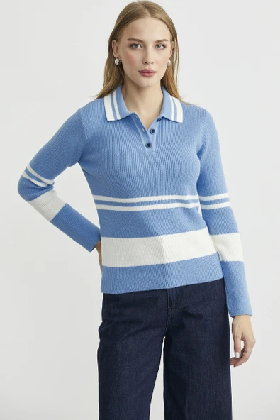 Polo Yaka Fitilli Triko Kazak - Mavi ürün görseli 1