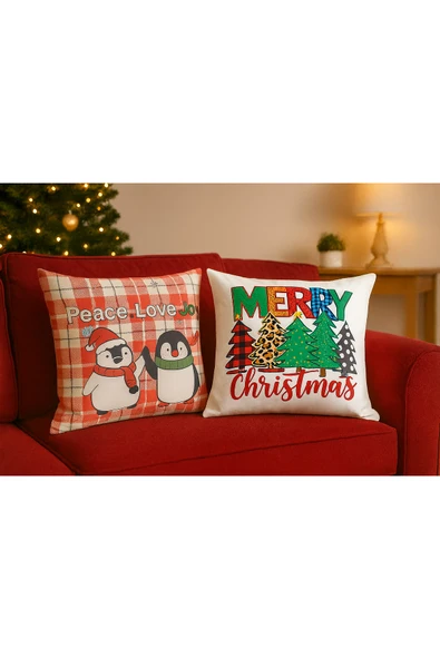 Yılbaşı Temalı 2li Kadife Kırlent Kılıfı 43x43 cm Nakış Görünümlü Set Dijital Baskılı - Resim 2