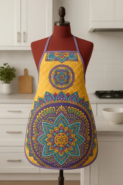 Kapitoneli Sıvı Geçirmez Leke Tutmaz Mutfak Önlüğü Dijital Baskılı Önlük Mandala ürün görseli