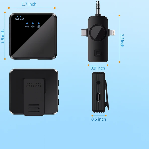 Kablosuz Çift Yaka Mikrofonu 360 Kayıt, Akıllı Gürültü Azaltma, Lightning  TypC 3.5mm Uyumlu - Resim 2