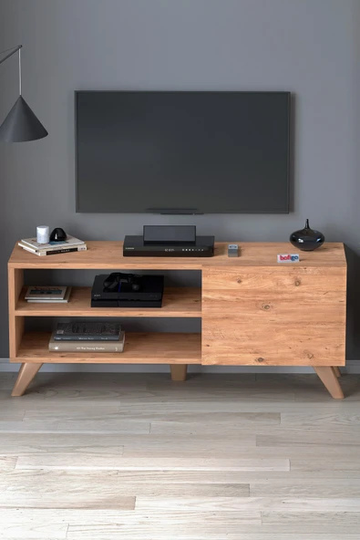 TV Sehpası Kapaklı Tv Sehpası Raflı TV Ünitesi Televizyon Sehpası 100 x 35 Cm Malta Çam - Resim 2
