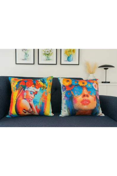 Kırlent Kılıfı 3D Dijital Baskılı Etnik Kadın Temalı Yastık Kılıfı ürün görseli