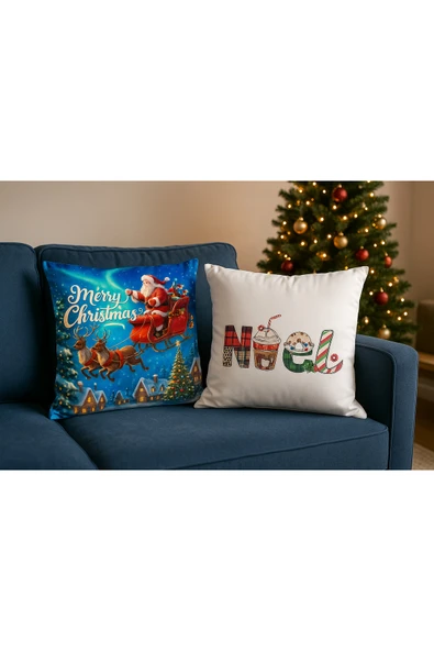 Çift Tarafı Baskılı Candy Christmas Desenli 2'li Set Kadife Kırlent Kılıfı Yılbaşı - Noel - Resim 2