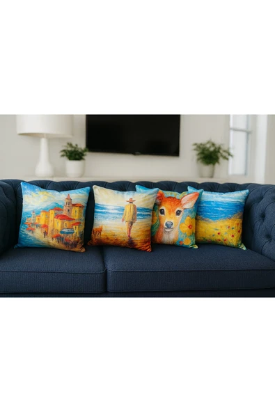 Kırlent kılıfı 3D Dijital Baskılı 4 Lü Takım Geyik Temalı Yastık Kılıfı - Resim 5