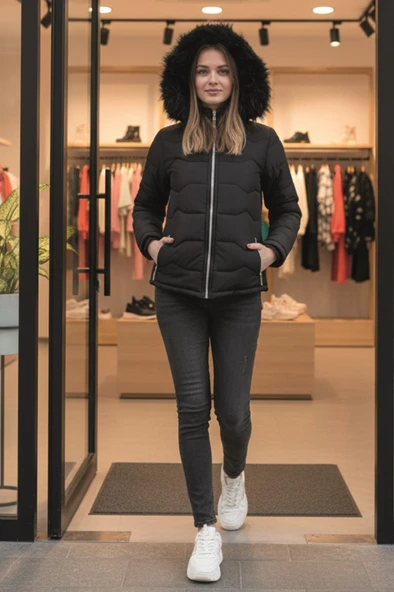 Günlük Kürklü Kadın Şişme Kadın Mont - Resim 3