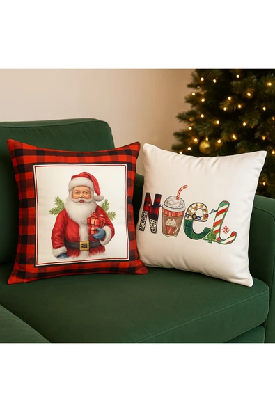 Çift Tarafı Baskılı Candy Christmas Desenli 2'li Set Kadife Kırlent Kılıfı Yılbaşı - Noel - Resim 2