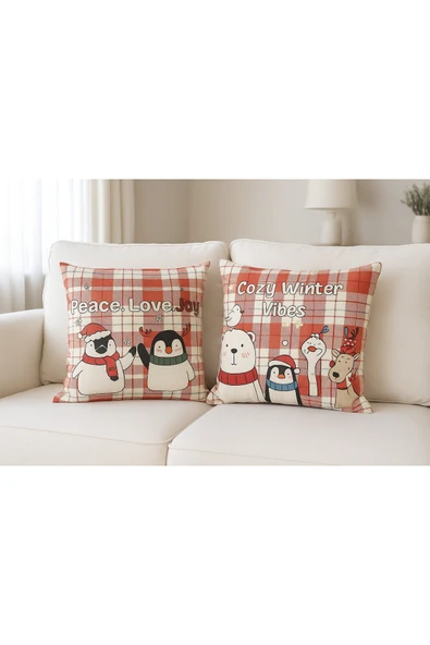 yılbaşı Temalı 2'i Kadife Kırlent Kılıfı 43x43 cm Nakış Görünümlü Set Dijital Baskılı ürün görseli 1