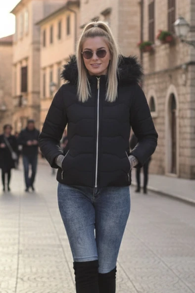 Günlük Kürklü Kadın Şişme Kadın Mont - Resim 2