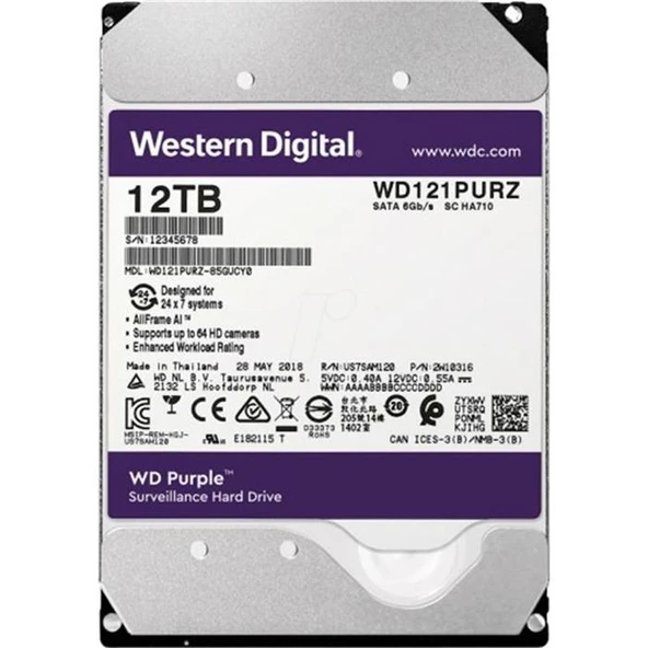 Wd 12 Tb 3.5 Purple Sata3 72000Rpm 256Mb 7/24 Güvenlik Wd121Purp Hdd ürün görseli 1