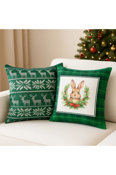 Çift Tarafı Baskılı Candy Christmas Desenli 2'li Set Kadife Kırlent Kılıfı Yılbaşı - Noel ürün görseli