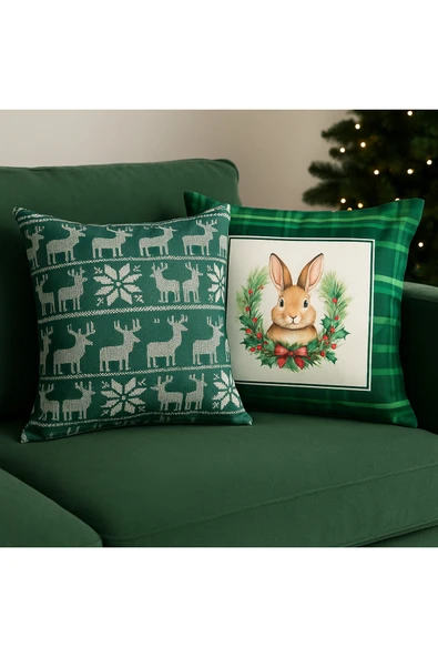 Çift Tarafı Baskılı Candy Christmas Desenli 2'li Set Kadife Kırlent Kılıfı Yılbaşı - Noel - Resim 2