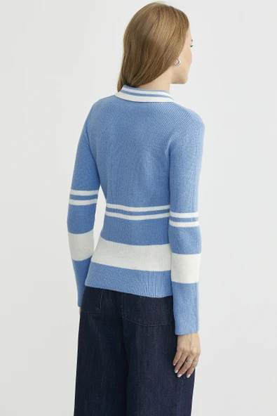 Polo Yaka Fitilli Triko Kazak - Mavi - Resim 6