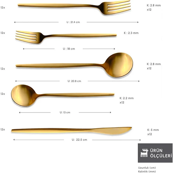Karaca Orion Mat 12 Kişilik 60 Parça Çatal Kaşık Bıçak Takımı Gold - Resim 2