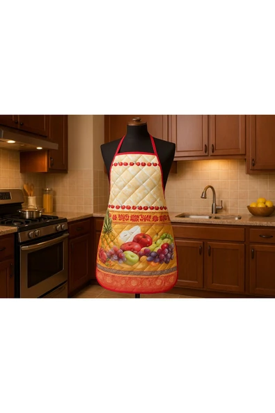 Kapitoneli Sıvı Geçirmez Leke Tutmaz Mutfak Önlüğü Dijital Baskılı Önlük Meyve Şöleni - Resim 2