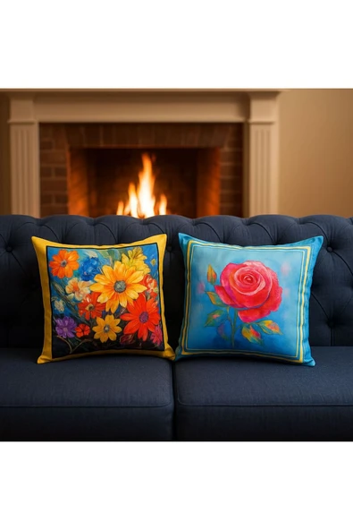 Kırlent kılıfı 3D Dijital Baskılı 2'Li Takım Çiçek Temalı Yastık Kılıfı - Resim 3
