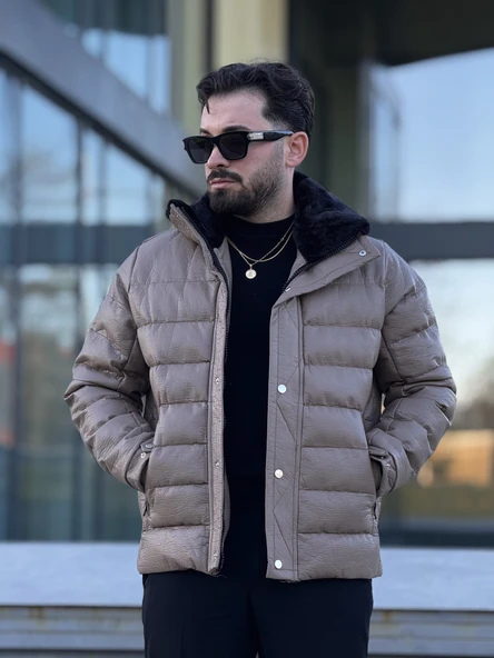 YAKASI KÜRKLÜ DERİ ERKEK MONT - Resim 9