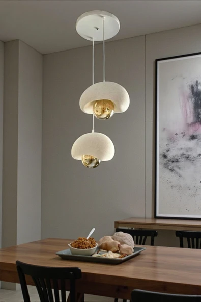 PAMUK'S DESİGN Beyaz Dekoratif 2'Li Sarkıt Avize Bohem Beton Görünüm Rustik E27 Modern Avize (E27 Ampul Dahildir.) - Resim 4