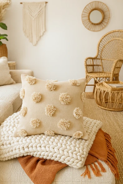 Tüylü ve Desenli Kırlent - 45x45 cm Şık ve Konforlu Dekoratif Yastık - Resim 2